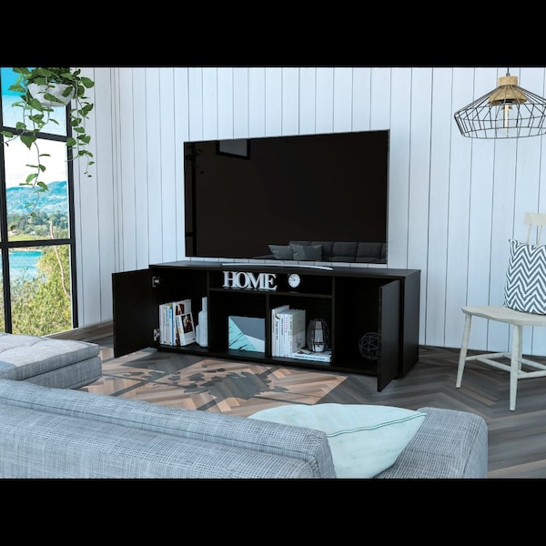 Tuhome Prana Tv Stand fot TV's up 60 in. Four Shelves, Two Cabinets With Single Door, Black RLW5600 - main